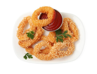 Deep fried squid rings with parsley and ketchup isolated on white, top view