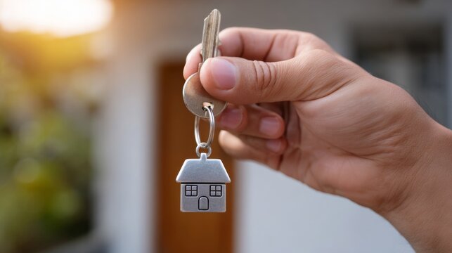A male hand holding house keys with a house-shaped keychain, symbolizing new beginnings and homeownership.