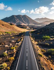 Asphalt road winds through volcanic terrain, mountains under blue sky