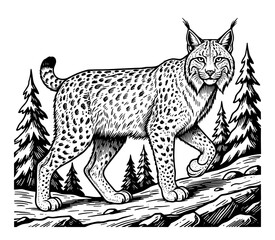 Lynx in forest setting in vintage line art