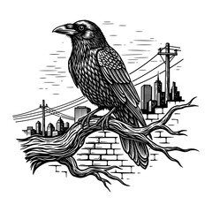 Obraz premium Raven on branch with city skyline in line art