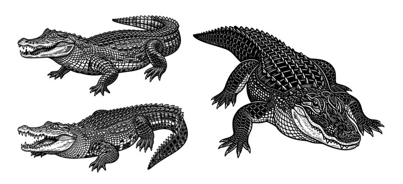 Alligator in vintage line art style