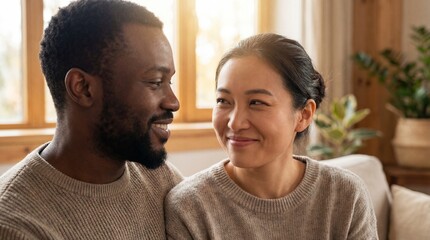 Close up of a happy multiethnic couple sitting on a sofa and looking into each other's eyes. Romantic moment at home. Concept of love, diversity and relationships.