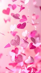 Obraz premium Pink paper hearts fluttering, romantic dreamy scene, light bokeh background