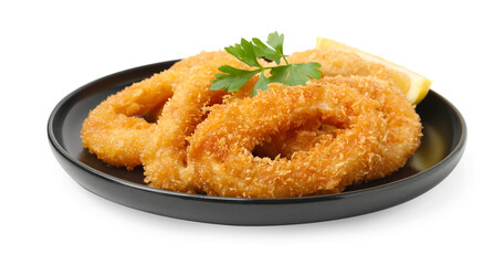 Deep fried squid rings with parsley and lemon slice isolated on white