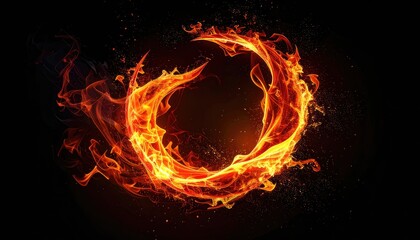 Fiery crescent moon ring blazing on black. Energetic, dynamic, burning glow, hot