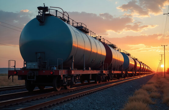 Railway train carries tank cars with fuel during sunset. Freight train on track transports liquid. Transportation of oil across country by railroad. Railway wagons move at sunset.