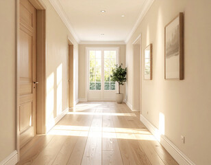 Fototapeta premium Illuminated hallway perspective elegant home interior photography bright environment architectural view modern design