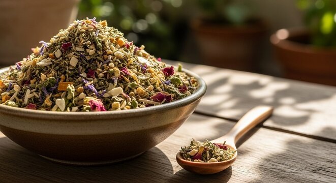 green tea in a wooden bowl - Powered by Adobe