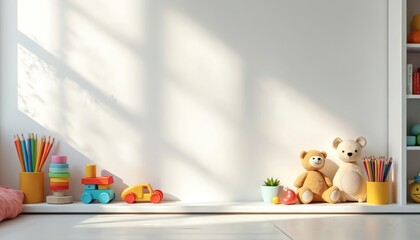 Obraz premium Childs room interior design. Bright interior with toys colored pencils on a white table. Education and creative activity concept. Cozy place for children activities and fun time