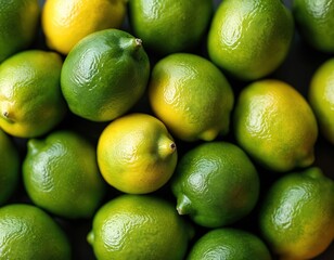 Top view many fresh green lemons. Pile of limes, sour citrus fruits background. Perfect for summer drinks recipes or healthy eating tips. Juicy harvest ready for juice processing.