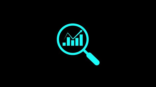 Business growth graph concept with magnifying glass isolated on black background. Search icon highlights progress and detailed analysis.