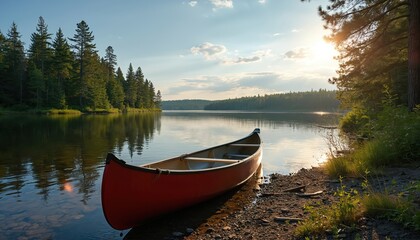 Red canoe sits on lake shore. Serene lake landscape with calm water reflects sky and forest. Sunlight through trees. Concept for exploring nature, travel, outdoor adventure recreation.