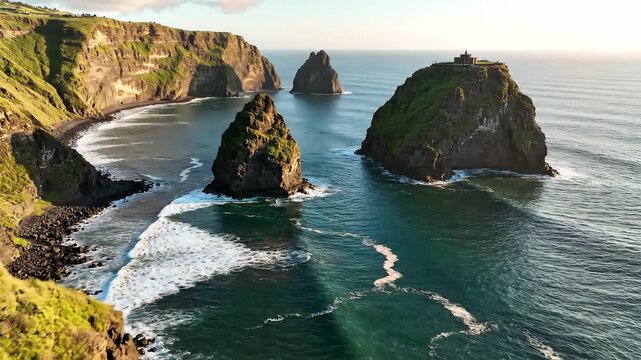 Dramatic coastal cliffs and sea stacks at sunset with crashing waves.
