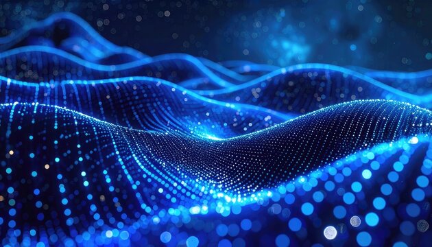 Abstract digital landscape with glowing blue particles, wavy pattern