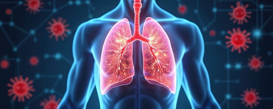 Detailed medical illustration of human lungs with superimposed virus particles. Focus on respiratory system health, disease management. Represents complex cellular processes, treatment strategies,