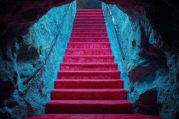 A dramatic photograph showcases a vibrant red staircase ascending into a cool blue underground chamber. The contrasting colors and architectural elements evoke a sense of mystery and grandeur.