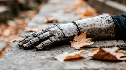Close-up of a medieval metal gauntlet resting on a stone wall, surrounded by fallen autumn leaves. The image evokes a sense of history and the passage of time.