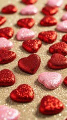 Sparkling red and pink glitter hearts scattered on a shiny golden background celebrating love and romance