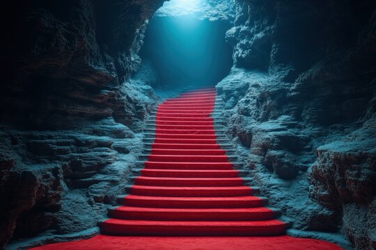 A dramatic red carpet pathway leads to a dark cave entrance, illuminated by a striking blue light. Creates a sense of mystery and adventure.