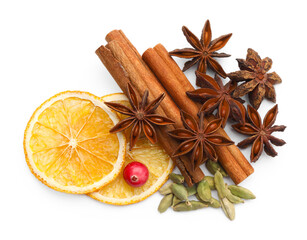 Different spices, dry orange slices and cranberry for mulled wine isolated on white, top view