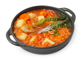 Tasty lentil soup in bowl isolated on white