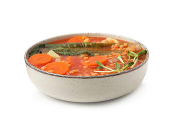 Tasty lentil soup in bowl isolated on white