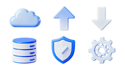 3D rendered set of technology icons including cloud, upload, download, database, security shield, and gear symbols.
