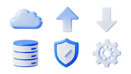 3D rendered set of technology icons including cloud, upload, download, database, security shield, and gear symbols.