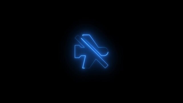 neon animation of a flight mode icon, featuring a stylized airplane crossed by a diagonal line. Represents airplane mode, wireless disconnection, or network isolation. 4k video on dark background