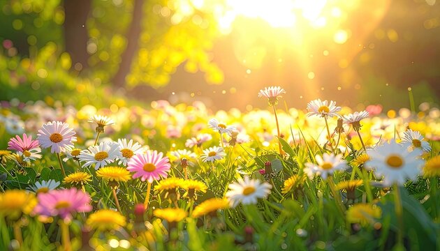Daisies & wildflowers bloom in sunlit meadow. Glowing rays highlight beauty