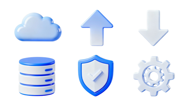 3D rendered set of technology icons including cloud, upload, download, database, security shield, and gear symbols.