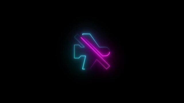 neon animation of a flight mode icon, featuring a stylized airplane crossed by a diagonal line. Represents airplane mode, wireless disconnection, or network isolation. 4k video on dark background