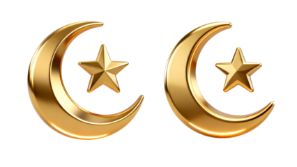 Two golden crescent moon and star symbols, representing Islamic faith and culture, isolated on a white background with a reflective finish.