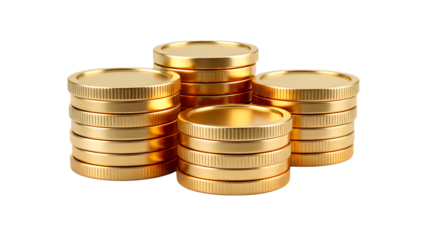 Four stacks of shiny golden coins on a clean white background, symbolizing wealth and finance.