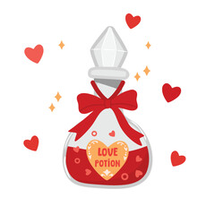 Love potion with bow, heart-shaped label, hand written text. Cartoon magic object on a white background with hearts. Romantic vector design for Valentine's Day card, poster or banner template. 