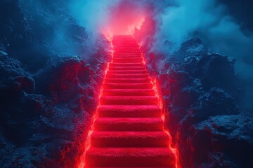 A dramatic image of a red staircase enveloped in rising blue smoke, set against a dark and mysterious landscape. Evokes a sense of intrigue and perhaps danger.
