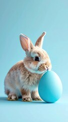 Obraz premium Adorable bunny with a blue egg, celebrating Easter on a pastel blue background