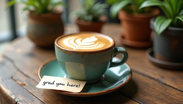 Close-up of teal ceramic mug filled with latte art on blue plate. Small note reads grad you here. Plants, wooden table create cozy atmosphere. Warm tones suggest comfort, relaxation in cafe setting. - Powered by Adobe