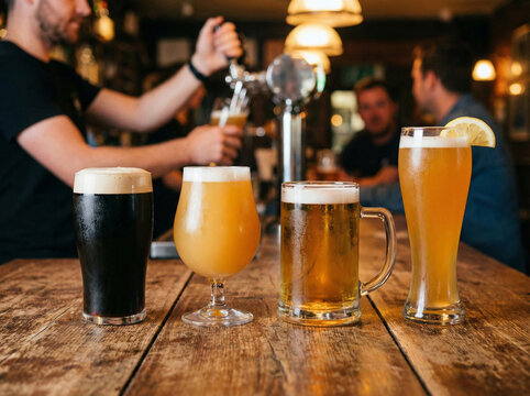 vibrant pub setting with bartender pouring assortment of craft beers amidst cheerful patrons