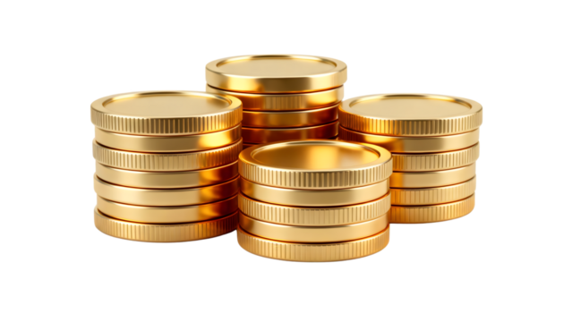 Four stacks of shiny golden coins on a clean white background, symbolizing wealth and finance.