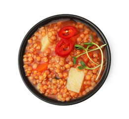 Delicious lentil soup with vegetables in bowl isolated on white, top view