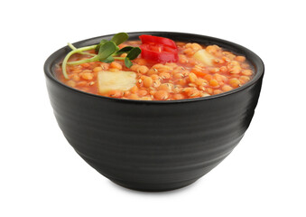 Delicious lentil soup with vegetables in bowl isolated on white