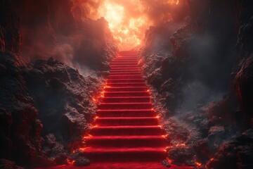A dramatic red carpet extends towards a radiant, glowing light source within a dark, misty landscape. Evokes a sense of mystery and allure.