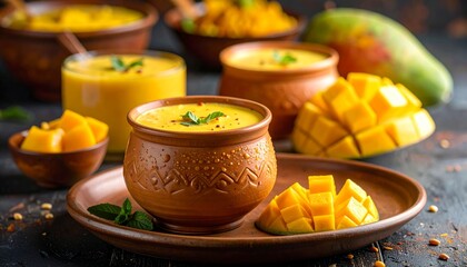Fototapeta premium Mango Lassi in Clay Glass. Traditional Indian Food