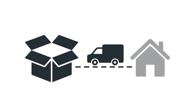Delivery van transports package from open box to a house, symbolizing logistics and shipping.