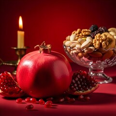 yalda night celebration pomegranate, bowl of nuts and a candle on a red background Iranian traditional culture