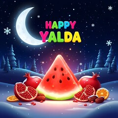 happy yalda night greeting card, watermelon and pomegranate in winter night with moon in the sky text 