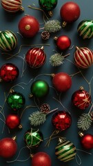 Sparkling red and green Christmas baubles and festive ornaments arranged on a dark background for holiday celebration