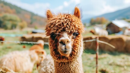 Naklejka premium Cute Brown Alpaca Looking at Camera on Farm with Green Hills and Blue Sky